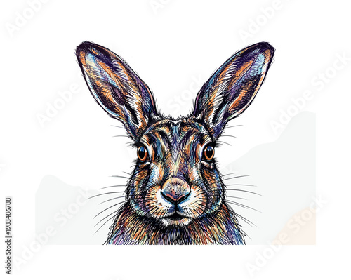 Vibrant, colorful drawing of a hare's face with long ears and expressive eyes