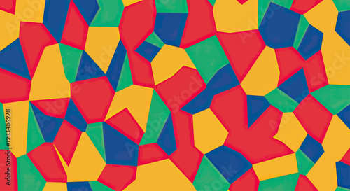 A vibrant abstract pattern of irregular polygons in red, yellow, blue, and green