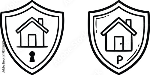 Hand drawn doodle style security shield enclosing a residential house vector illustration representing home property insurance, real estate mortgage protection, and safe family living.