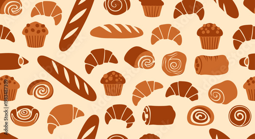 A playful, flat-style pattern of various baked goods in warm, earthy tones