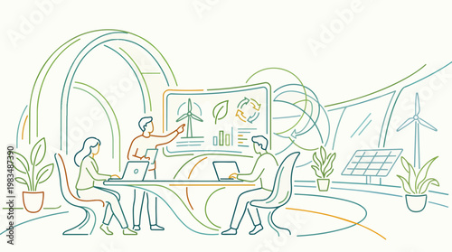 Eco innovation workspace scene in strict curved minimal line logic,  commercial use-case test, flyer - eco, innovation, workspace, scene, strict, curved, line, logic
