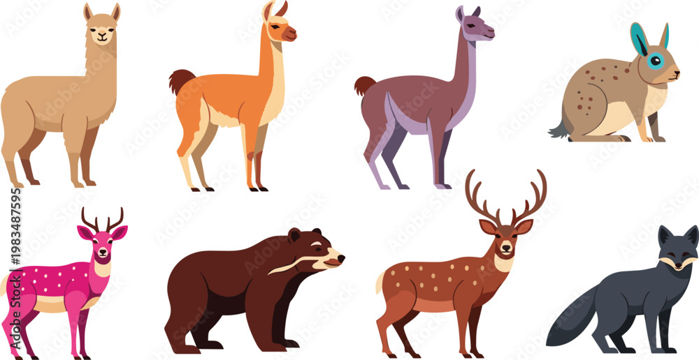 Obraz premium Colorful Wild Animal Vector Set Featuring Llamas, Deer, Bears, and Rabbits for Wildlife and Nature Illustrations