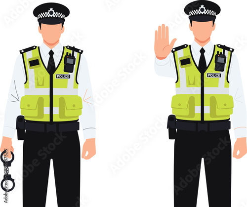 Police Officer Illustration with Handcuffs and Stop Gesture Featuring Law Enforcement Uniform for Public Safety, Security Service, and Authority Concept Design