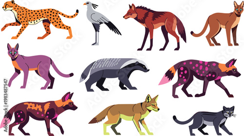 Photography Colorful Wild Animal Vector Set Featuring Cheetah, Hyena, and Wild Cat Species f