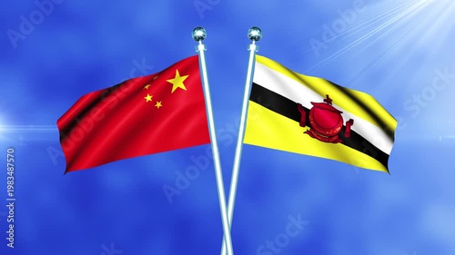 China and Brunei Flag Waving On Pole Loop