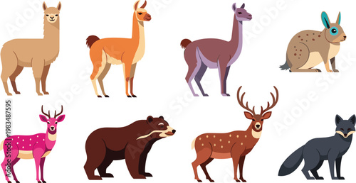 Colorful Wild Animal Vector Set Featuring Llamas, Deer, Bears, and Rabbits for Wildlife and Nature Illustrations