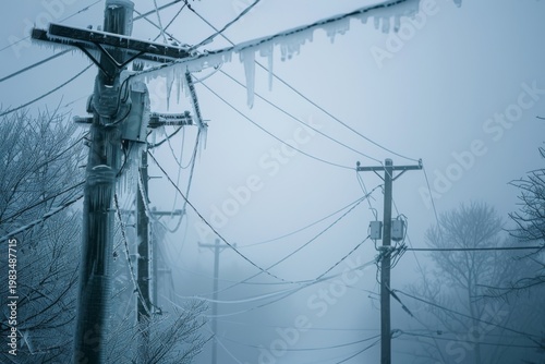 Frozen power lines with icicles on utility pole winter cold scene