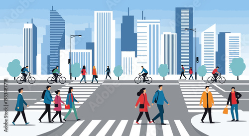 City Life: People Crossing Street with Bicycles and Modern Buildings