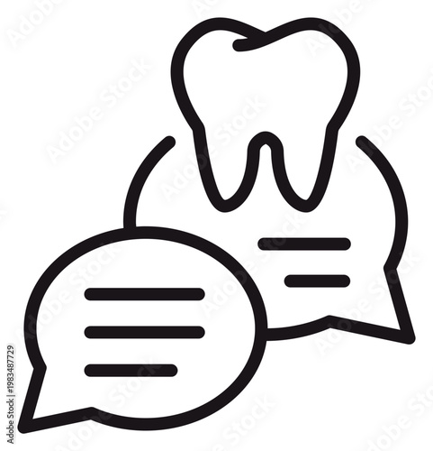 Minimalist black line art vector icon of a tooth molar with speech bubbles, symbolizing dental consultation, online dentist chat, oral health advice, and communication for dental care.