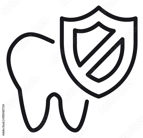 Dental protection vector icon featuring a human tooth outline and a protective shield symbol, representing oral health, enamel care, and dentistry services in a clean minimalist line art style.