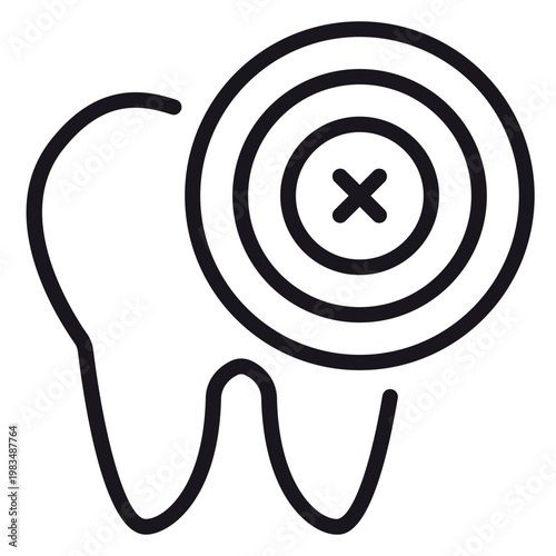 Tooth pain or dental problem vector icon illustration. Black line art symbol of a molar with a target crosshair and X mark, representing toothache, cavity, or targeted dental treatment.