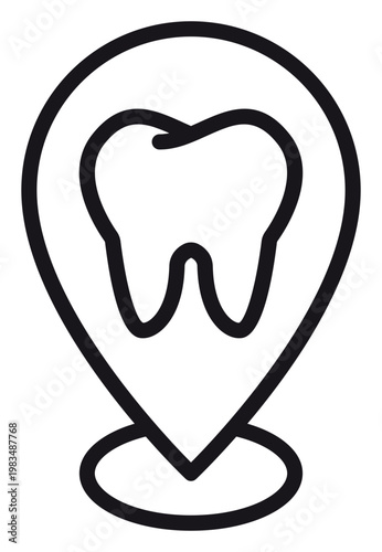Minimalist black vector icon illustration of a dental clinic location map pin marker with a tooth symbol inside, ideal for healthcare apps, dentist office finders, and medical service websites.
