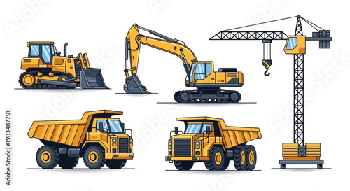Construction vehicles set: excavator, bulldozer, dump trucks, and crane on white background