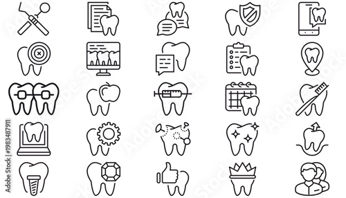 Dental Care Vector Icon Set: 25 Black Minimalist Icons for Dentistry, Oral Health, Orthodontics, Hygiene, and Medical Services. Includes Tooth, Braces, Implants, X-ray, Tools, and Clinic Symbols.