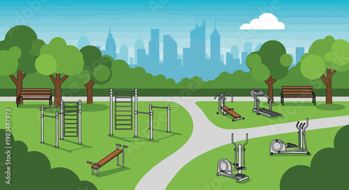 Outdoor Fitness Park with City Skyline Background: Exercise Equipment, Greenery, and Walking Path