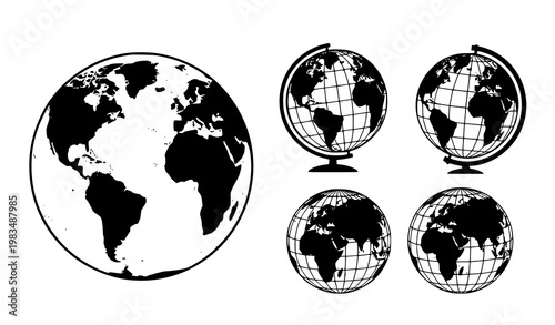 Global Earth Globe Collection World Map Hemisphere Views Vector Illustration