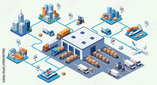 Global Logistics Network: Warehouse, Trucks, Ships, Planes, City Buildings