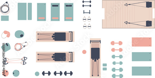 Top View Gym and Fitness Equipment Flat Icon Set with Yoga Mat, Dumbbell, Bench, Cable Machine, and Resistance Band for Interior and Floor Plan Designs