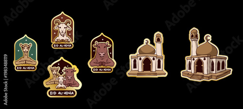 Creative Eid al-Adha character designs and mosque illustrations. Versatile assets for graphic designers creating flyers, invitations, and decorative stickers for the Feast of Sacrifice.