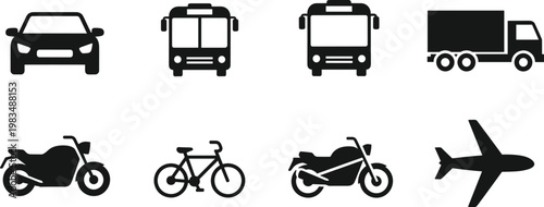 Car, bus, truck, motorcycle, bicycle, airplane, transport icons, vehicle silhouettes, travel, commuting, logistics, shipping, aviation, mobility, transportation, automotive, public transit, cargo, fre