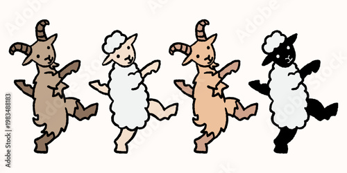 Set of cute hand-drawn dancing goat and sheep characters. Perfect for children’s apparel, nursery wall art, farm-themed party invitations, and playful sticker designs for stationery.