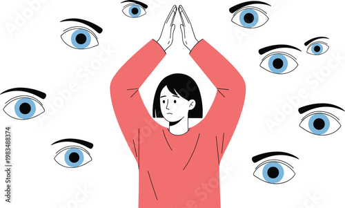 Woman with multiple watching eyes concept representing anxiety paranoia privacy fear and surveillance isolated on white background flat vector illustration set