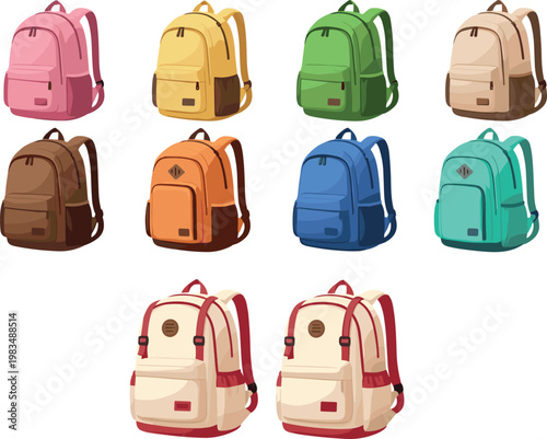 Colorful backpacks collection set isolated on white background, modern school and travel bags in various colors vector illustration