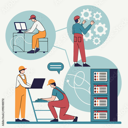 It maintenance and server management illustration with technicians working on infrastructure technician engineer maintenance technology infrastructure professional hardware computer industry