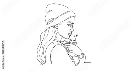 Woman holding cat with affection on minimal background