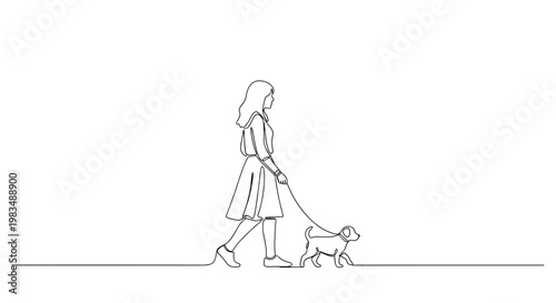 Woman walking small dog on leash on minimal background