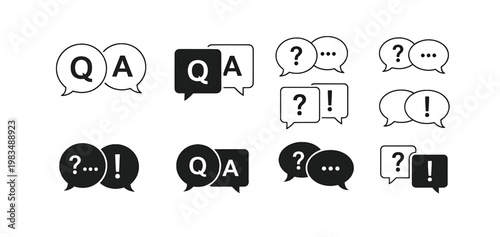 Question and answer icon set. Chat, speak bubble, Q and A, ask, support, dialog, help center symbol on white background