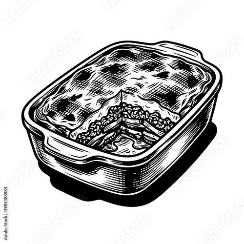 A hand-drawn black and white woodcut illustration of a layered lasagna casserole with meat sauce and a melted cheese topping.