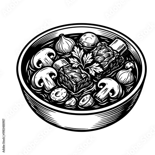 A black and white hand-drawn engraving illustration of a beef stew bowl with mushrooms, onions, and parsley garnish.