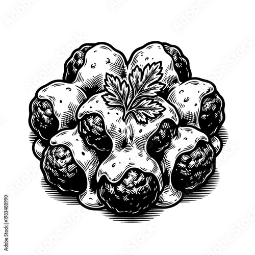 A black and white engraving-style illustration of Swedish meatballs topped with creamy sauce and a fresh parsley garnish.