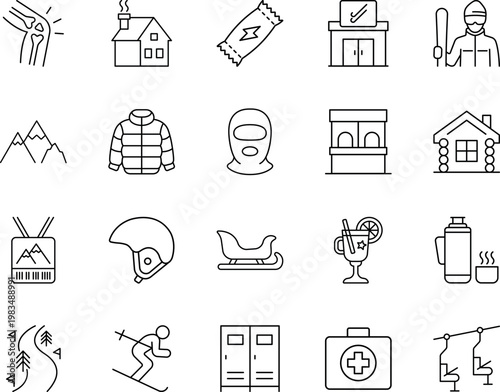 Winter sports and recreation vector icon set, skier, ski lift, mountain, helmet, sled, jacket, ski pass, cabin, first aid