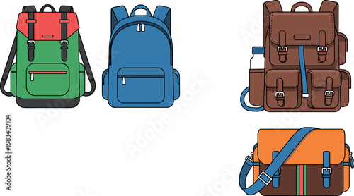 Backpacks and bags collection set isolated on white background, school travel and hiking rucksacks with straps vector illustration