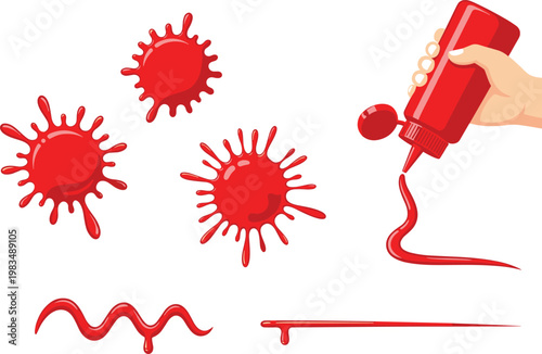 Red paint splatter and squeeze bottle collection with dripping lines and splash effects isolated on white background abstract flat vector illustration set