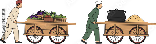 Street Vendors Pushing Wooden Carts with Fresh Vegetables and Food Illustration for Traditional Market, Local Business, and Urban Street Selling Concepts