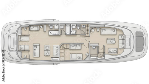 Luxury Yacht Interior Layout CAD Floor Plan – Blueprint Schematic Top View Technical Design on White Background
