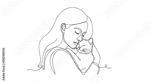 Woman hugging cat with tenderness on minimal background