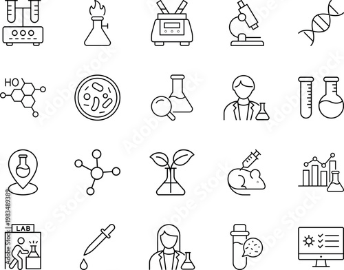 Science and research laboratory icon set, microscope, DNA, test tube, petri dish, molecule, beaker, pipette, bunsen burner