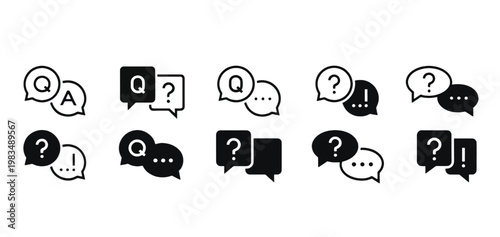 Question and answer icon set. Chat, speak bubble, Q and A, ask, support, dialog, help center symbol on white background