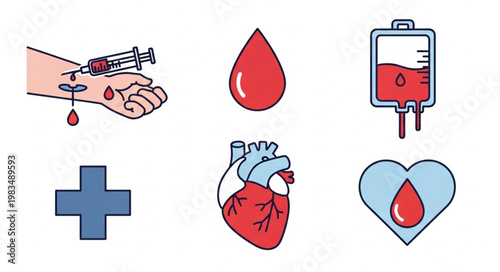 Medical icons representing blood donation and healthcare concepts.