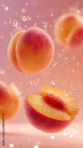 Fresh ripe peaches with water splash soft pastel summer fruit