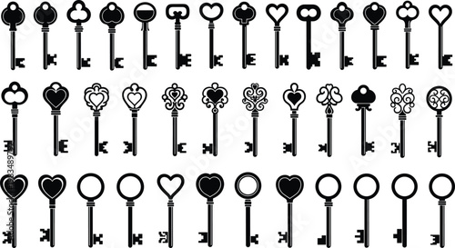Vintage decorative key collection with ornate heart floral and classic shapes isolated on white background elegant black silhouette vector illustration set