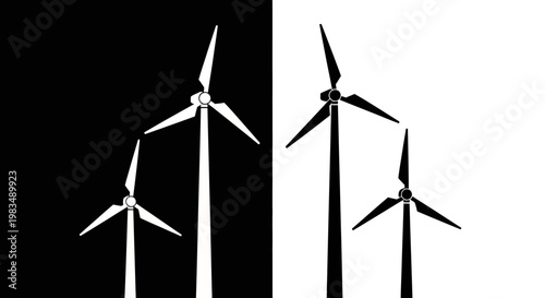 Wind turbines on black and white backgrounds.
