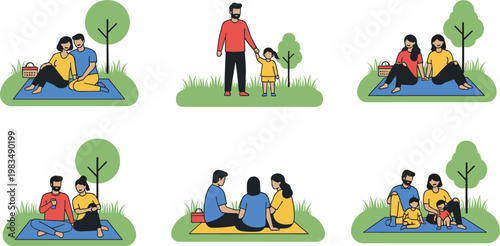 Happy family outdoor activities collection featuring parents and children bonding in park scenes with picnic relaxation and playtime flat vector illustration set