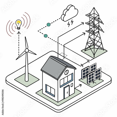 Isometric illustration of an eco-friendly smart home powered by wind turbine and solar energy for sustainable living with isometric sustainable friendly environment renewable electricity