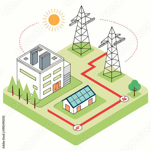 Isometric illustration of a smart energy grid system integrating a power plant solar panels and electrical pylons for distribution with isometric electricity renewable distribution industry