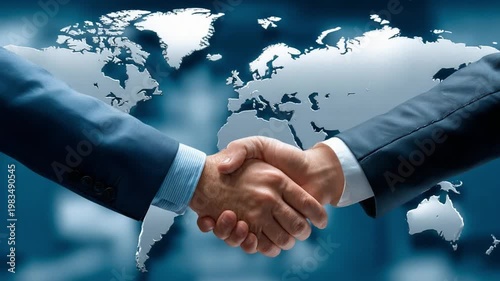 Global Alliance: An evocative image of two business partners forging a strategic alliance. A handshake, a symbol of trust and collaboration, against the backdrop of a global map.